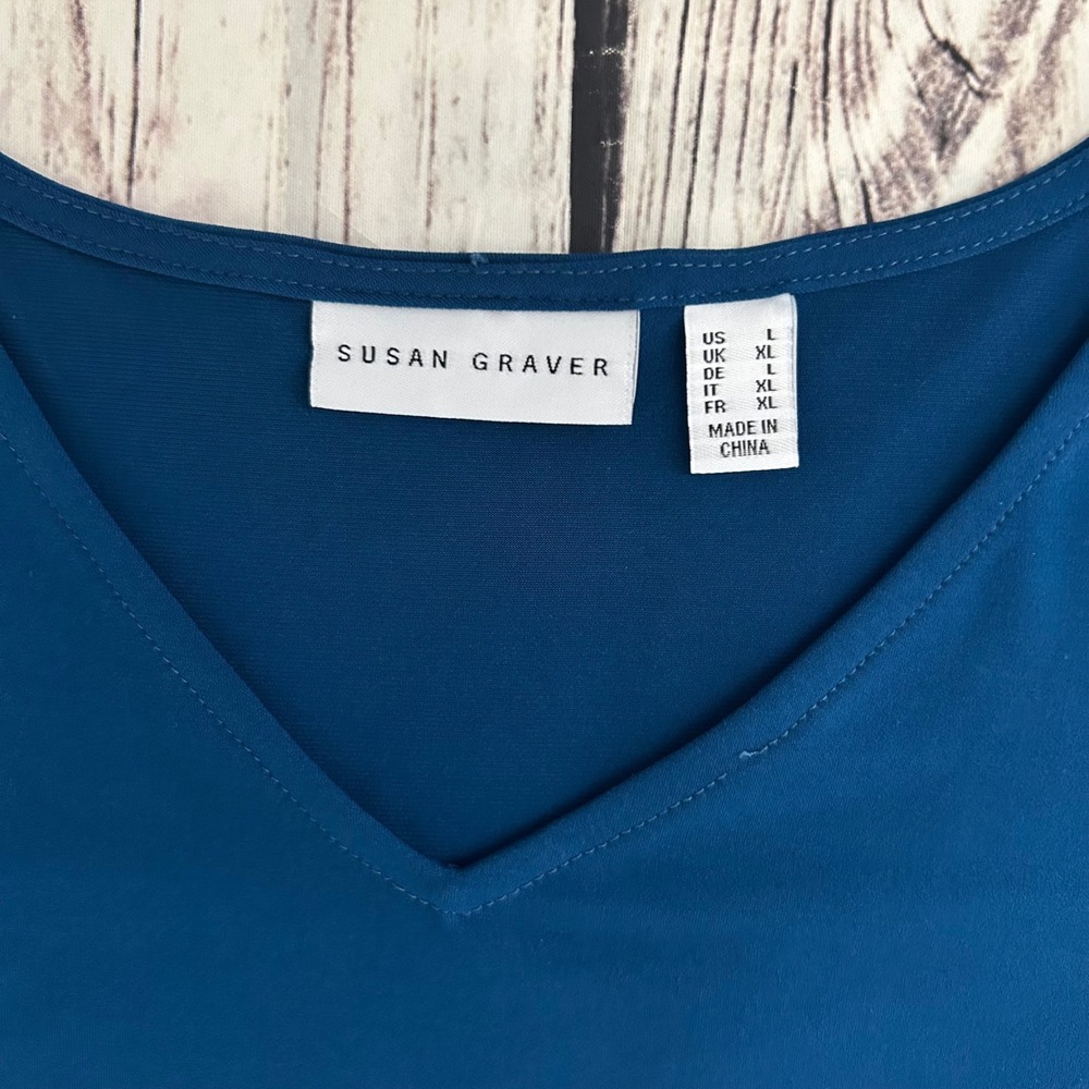 Susan Graver Liquid Knit V-Neck Tunic Top Teal Blue Chiffon Peplum Back Hem L - Picture 5 of 8